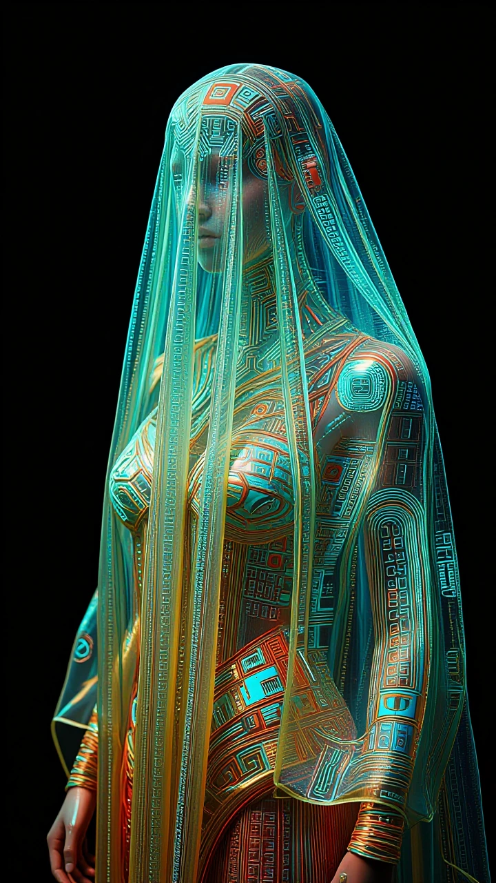 A hyperreal futuristic cyborg rendered in immaculate stillness. Her form is layered in three chromatic depth planes: • Turquoise refractive veils nearest the viewer • Amber holographic silk sheets suspended mid-depth with red-cyan electric fibers. •