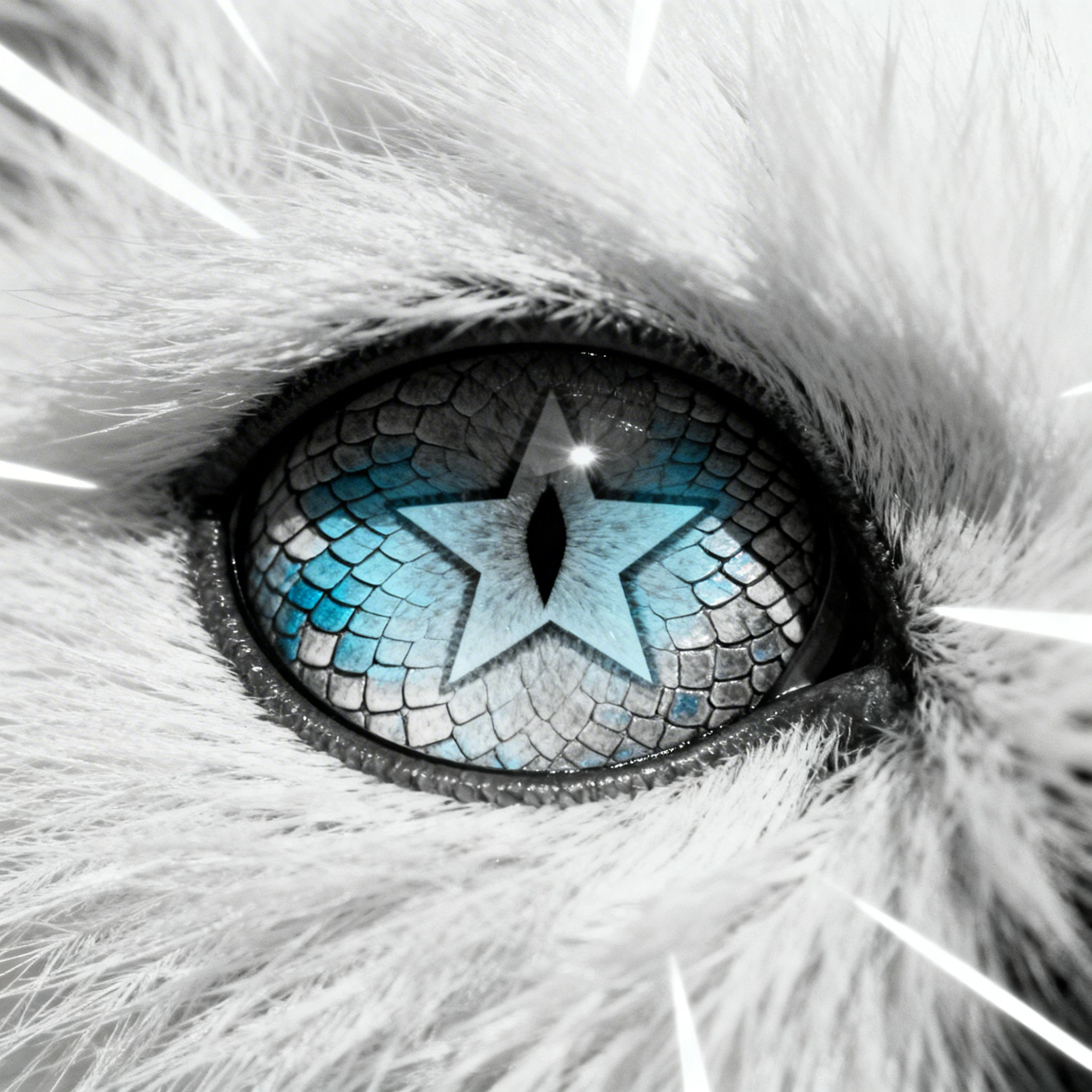 The image shows a close-up of a white STAR WARS ALIEN's eye, the skin of the animal is multicolored scales, with a STAR shape pupil. The focus is on the eye's unique color and the reflection, highlighting the STAR WARS ALIEN's features and the reflec