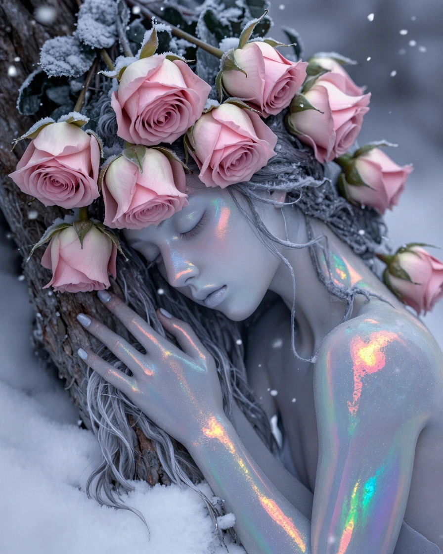 Create a painting of an icy permafrost figure frozen under a tree, with delicate rose stems forming the borders of the figure's lower body. Covered with a thin icy veil. The face itself is a serene, frozen visage, with intricate details that suggest