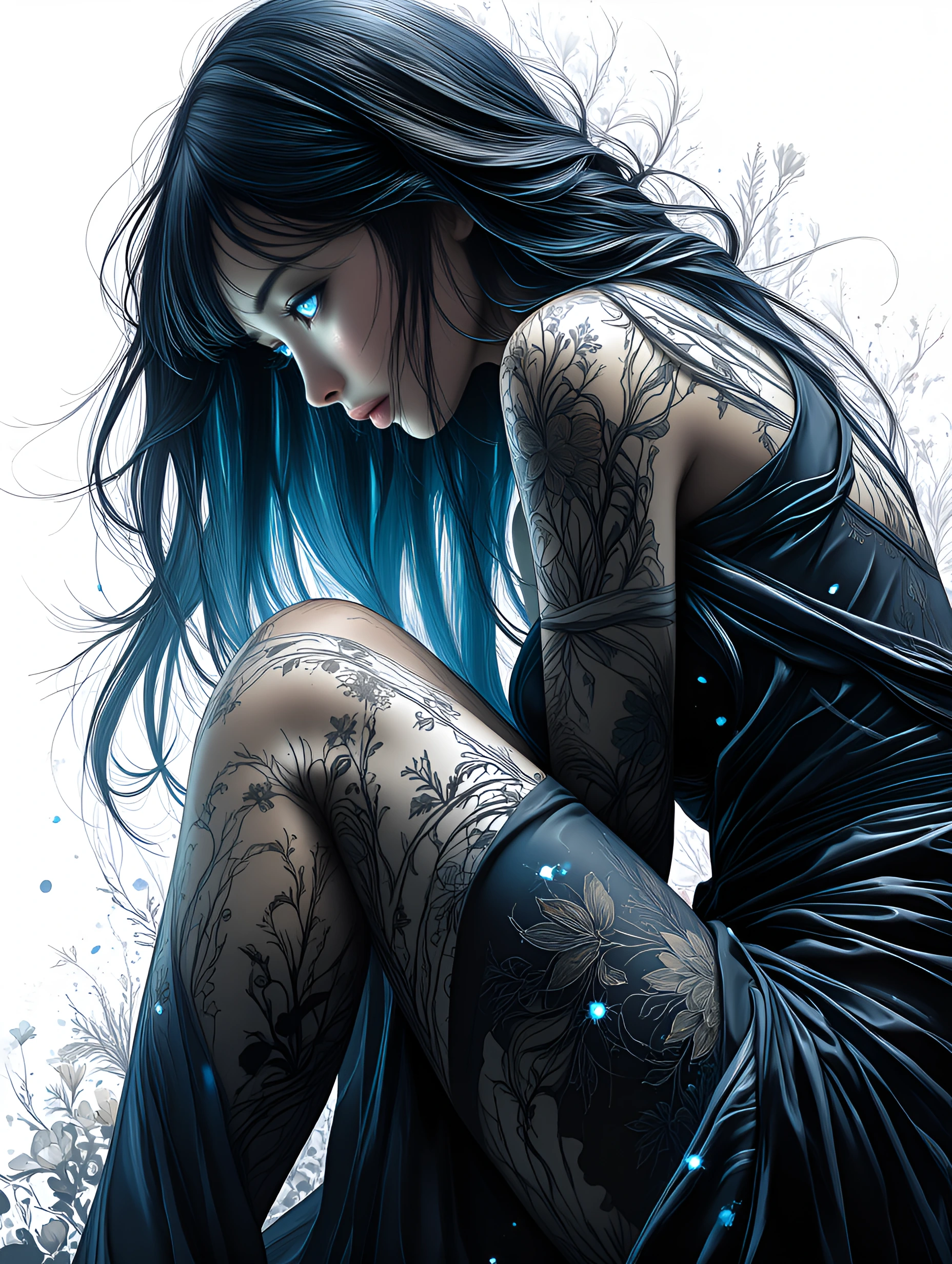 ethereal portrait of a solitary girl with flowing cerulean and obsidian hair cascading down her shoulders, luminous blue eyes gazing downward with ser