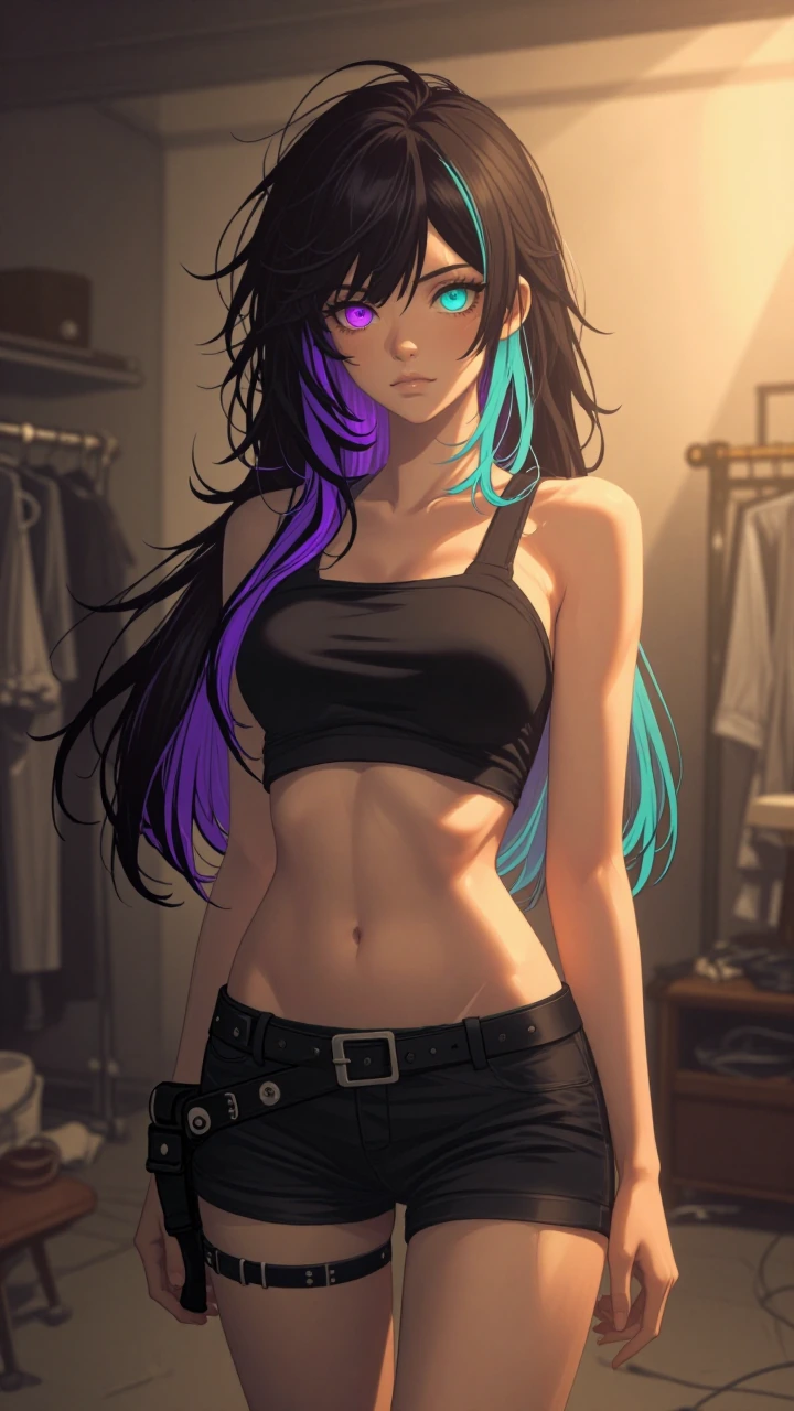 A female character standing in a dimly lit room, mid-shot composition, long dark hair with vivid purple and turquoise streaks, heterochromia eyes (one bright purple, one turquoise), confident rebellious expression, toned figure, wearing a black crop 