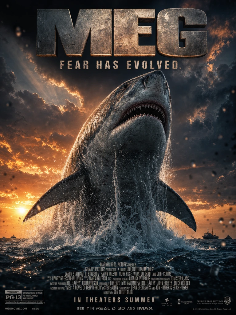 Create a jaw-dropping monster-movie poster mashup titled "MEG" merging JAWS-style dread with prehistoric megalodon scale. Frame a colossal great white shark, skin glistening with beads of saltwater and scarred texture, exploding fully out of churning