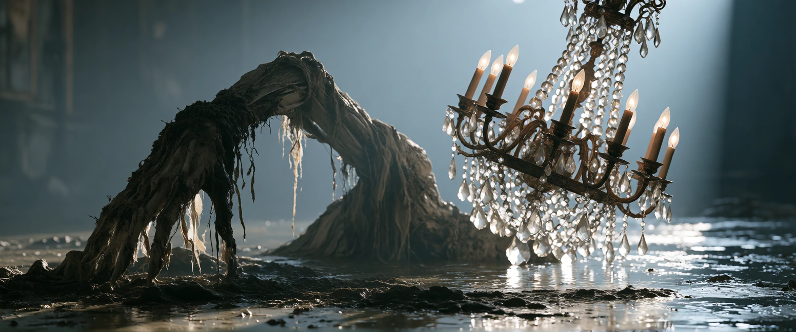 A ornate crystal chandelier emerging from murky swamp water like a skeletal limb, its arms twisted and articulated as if belonging to an unseen figure