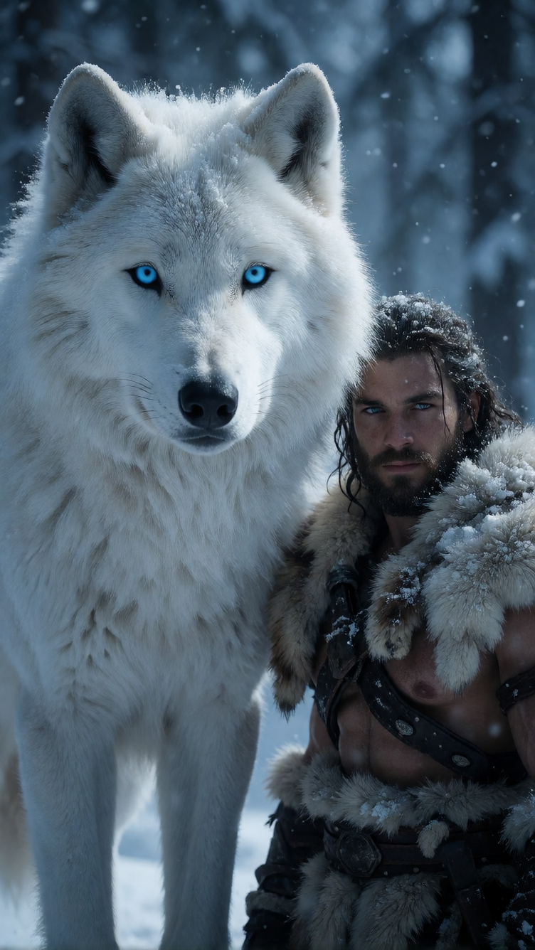 A stunning winter fantasy scene featuring a massive, snow-white Dire Wolf with piercing ice-blue eyes. The wolf is majestic and protective, standing g