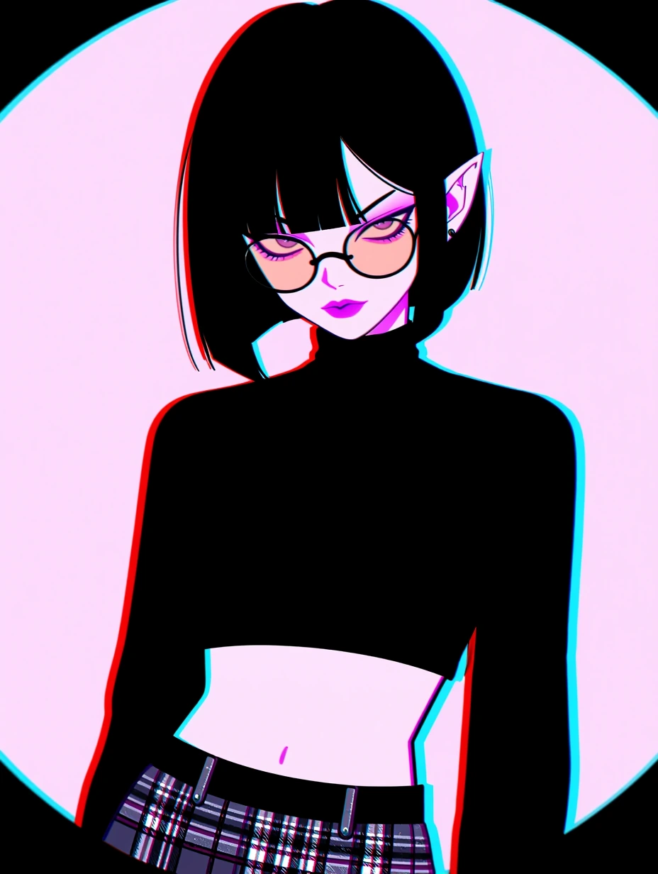 # Cyberpunk Portrait A striking anime-style illustration featuring a character with sharp elf-like ears and a blunt black bob haircut with bangs. She wears oversized oval glasses with a peachy tint and bold pink lips. Her commanding gaze looks downwa