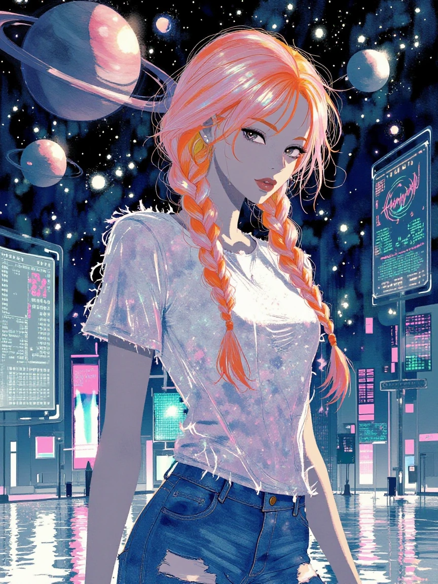 Woman platinum orange braids, hazel eyes, jeans and Tshirt, Planets, galaxy, swirls, colorful pastels