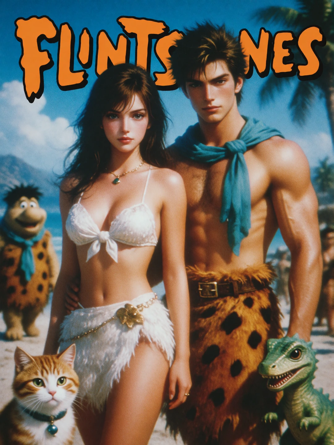 Beautiful woman and beautiful man. Both Final Fantasy style. Ha ha. Let’s dress them up like the Flintstones, but make a realistic anime. Let’s put them in an actual prehistoric background. Make it look like they really are from that time. Airbrush t