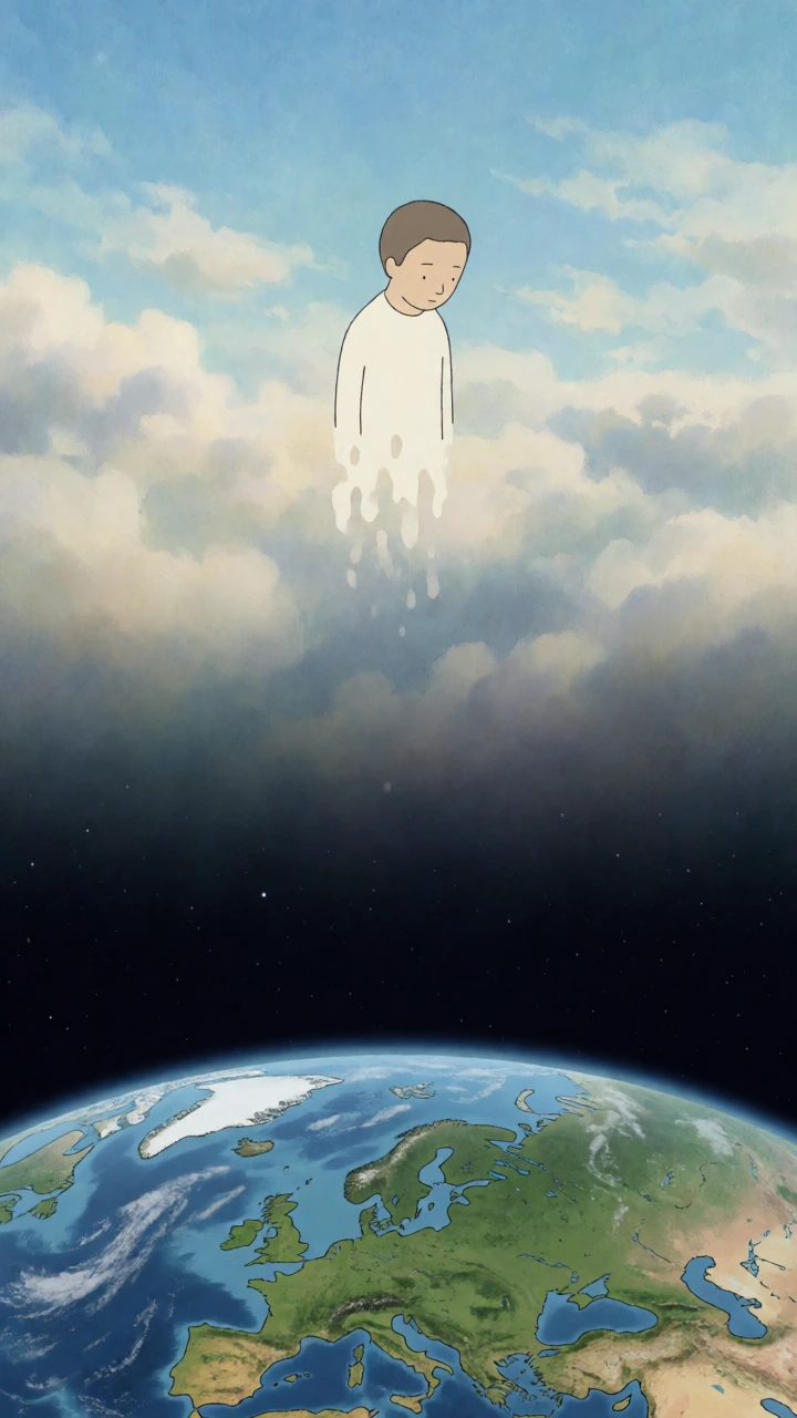 In Don Hertzfeldt's hand-drawn animation style: a minimalist figure floating above clouds, dissolving at the edges, gazing down at a detailed Earth below. Sky fades to infinite black above with faint stars. Soft color palette, delicate linework, quie
