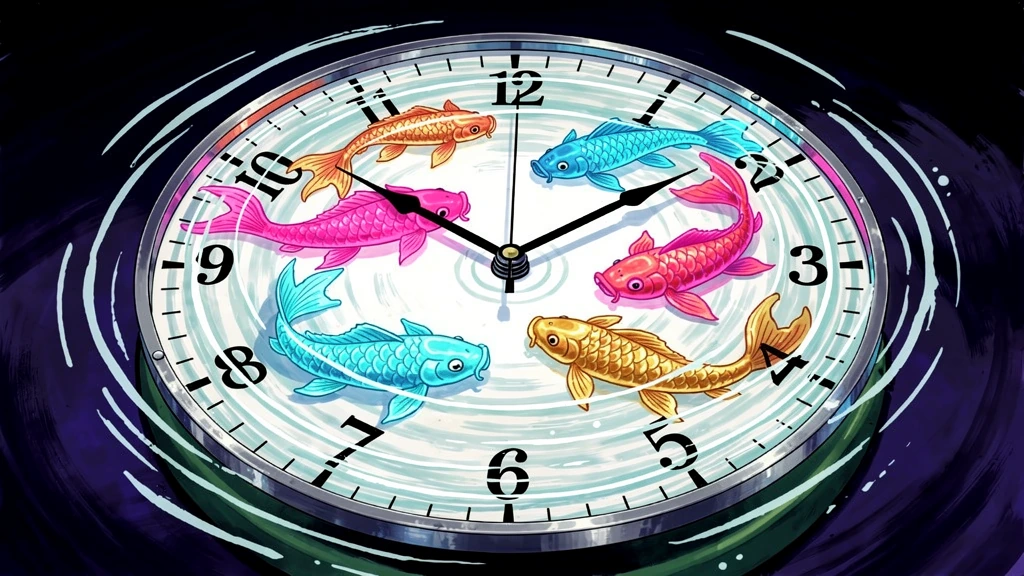 Analog clock face transformed into a rippling pond, its numbers warped by gentle waves; inside, neon koi—hot pink, cyan, electric blue, gold—swim with fluid grace through luminous water. Clock hands frozen at 3:00. Deep velvety night sky behind. In t