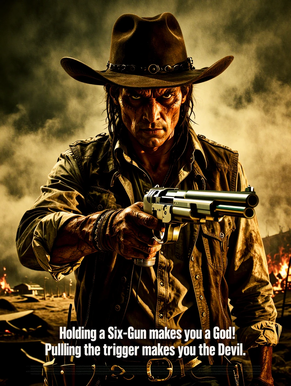 Wild West Gunfighter possessed by a demon. Text at the bottom "Holding a Six-Gun makes you a God! Pulling the trigger makes you the Devil!"