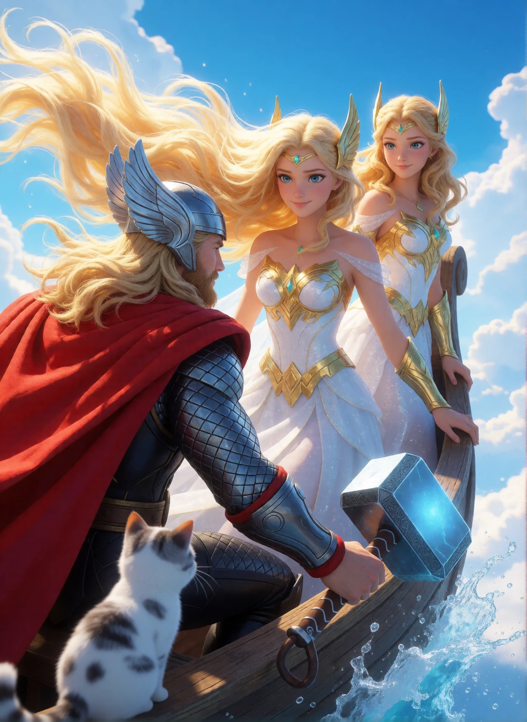 Thor with Mjolnir . Riding a boat in the sky with a beautiful warrior and a Valkyrie. Add a cat.