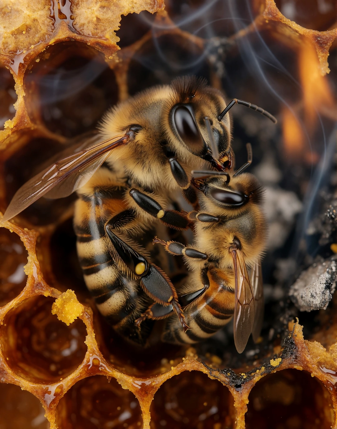 extreme macro photograph. The image must clearly show TWO bees: a larger adult mother honeybee and a much smaller baby honeybee. The entire emotional