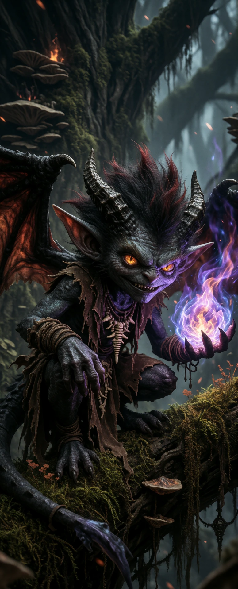​A highly detailed and cinematic photograph of a mischievous, charcoal-skinned imp or dark sprite crouching on a gnarled, mossy tree root in a dense, ancient, dark forest. The imp has spiky, dark red hair, small black horns, large pointed ears, and g
