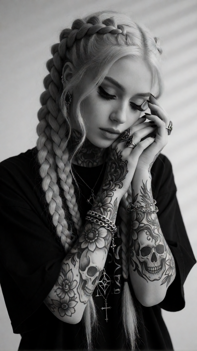 Dark Fantasy, Gothic Noir, Tattoo Art. A striking young woman with porcelain skin and long platinum-blonde hair styled into multiple thick Dutch braid