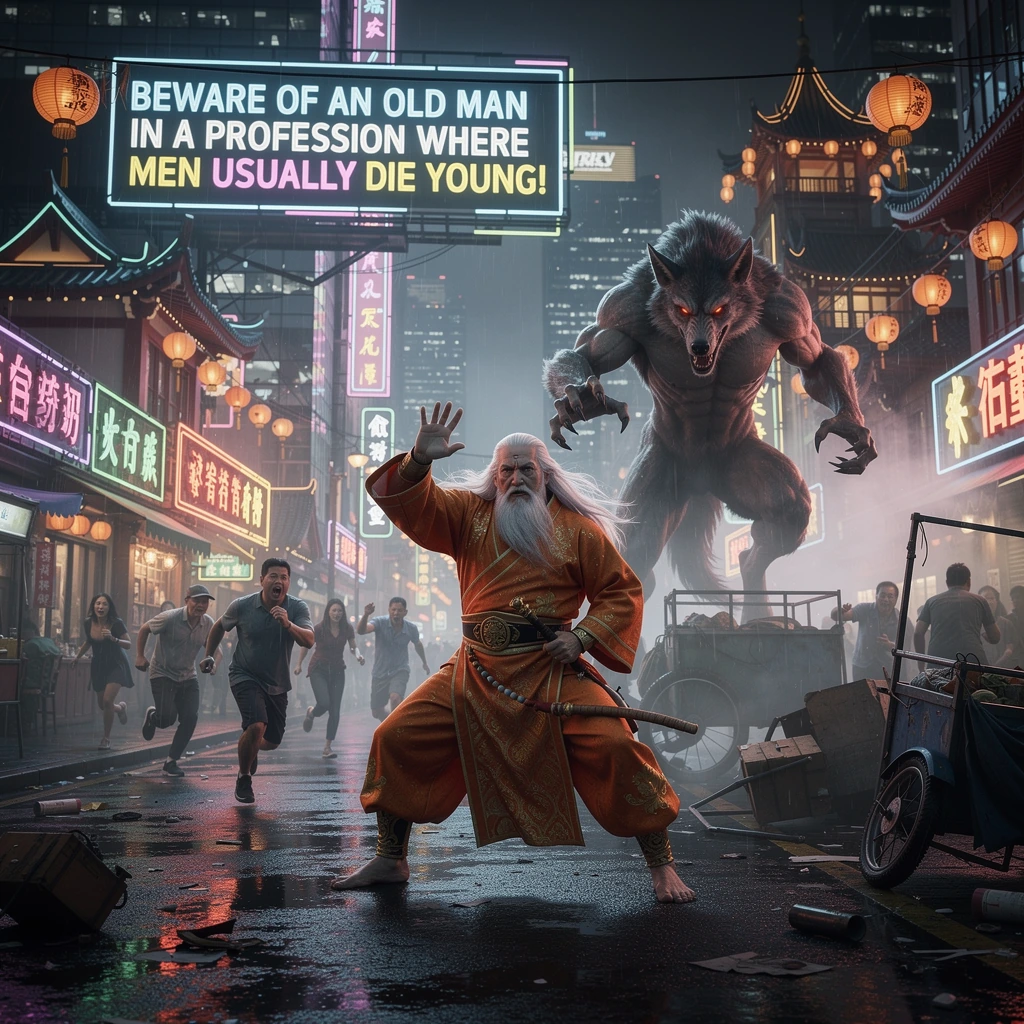 An elderly man with long white hair and a beard, dressed in traditional orange robes with gold accents, performs a martial arts pose with his right hand raised, standing on a vibrant city street at night filled with neon signs, modern and traditional