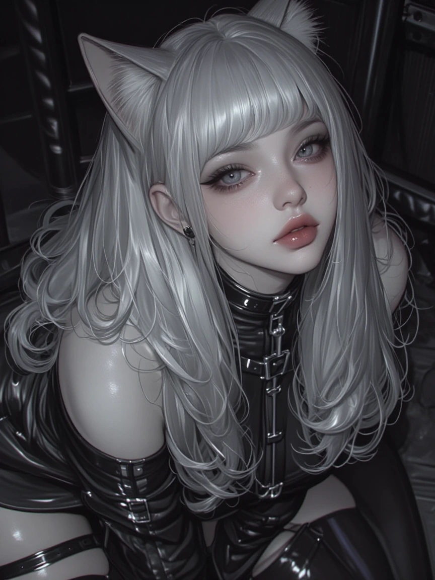 Beautiful silver hair, fluffy, cat, cyberpunk, attitude