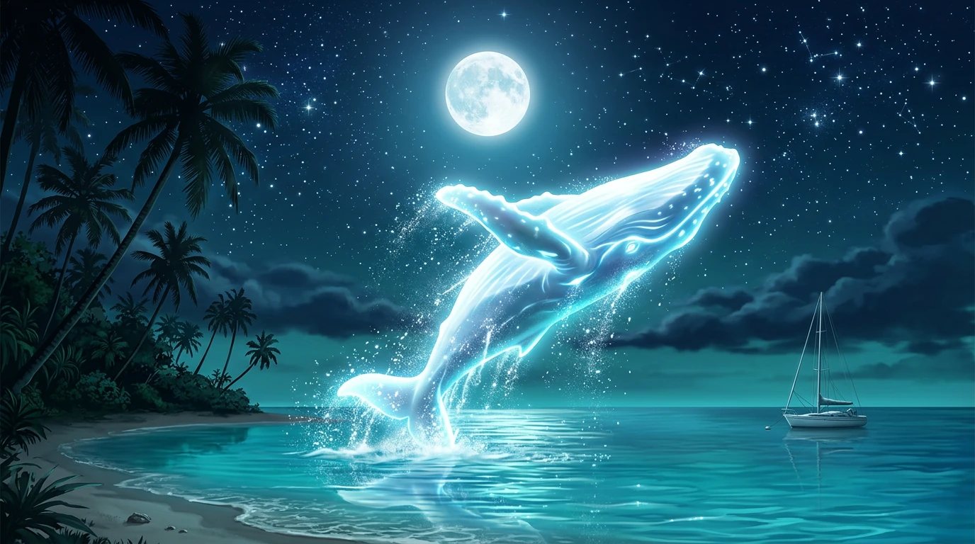 Surreal fantasy night seascape in a tropical lagoon, featuring a giant humpback whale made of glowing white-blue light breaching out of calm turquoise