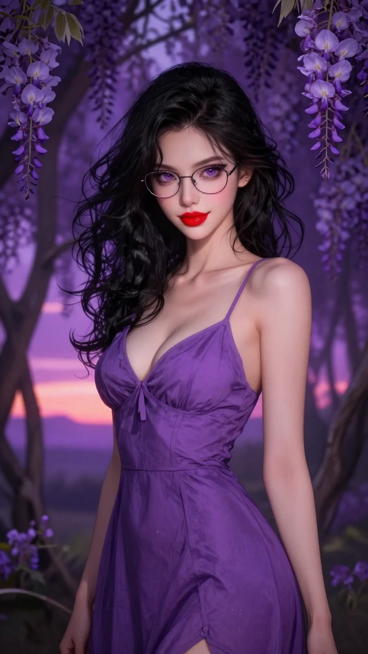 A stunningly beautiful young woman with sensual purple eyes full crimson lips and lustrous wavy black hair. She wears glasses and a shy smile. She wears a light and airy deep purple cotton sundress that accentuates her sleek lithe and curvaceous form