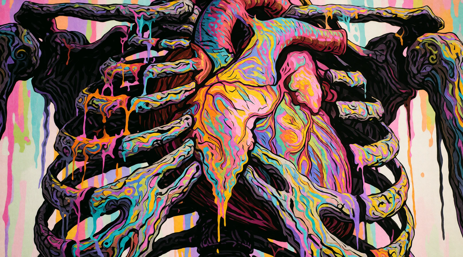 16:9 keyframe, high-grade illustration mixed with raw hand-drawn animation cel aesthetic, bold imperfect black ink lines, dense swirling textures, and extreme psychedelic color, --sref 1868431565 “Heart and bone.” A massive anatomical heart and a hum