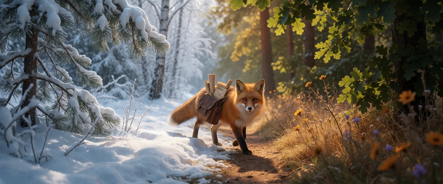 Capture a red fox mid-stride along a winding forest path, wearing a worn leather satchel overflowing with bundled letters and rolled scrolls, depicted