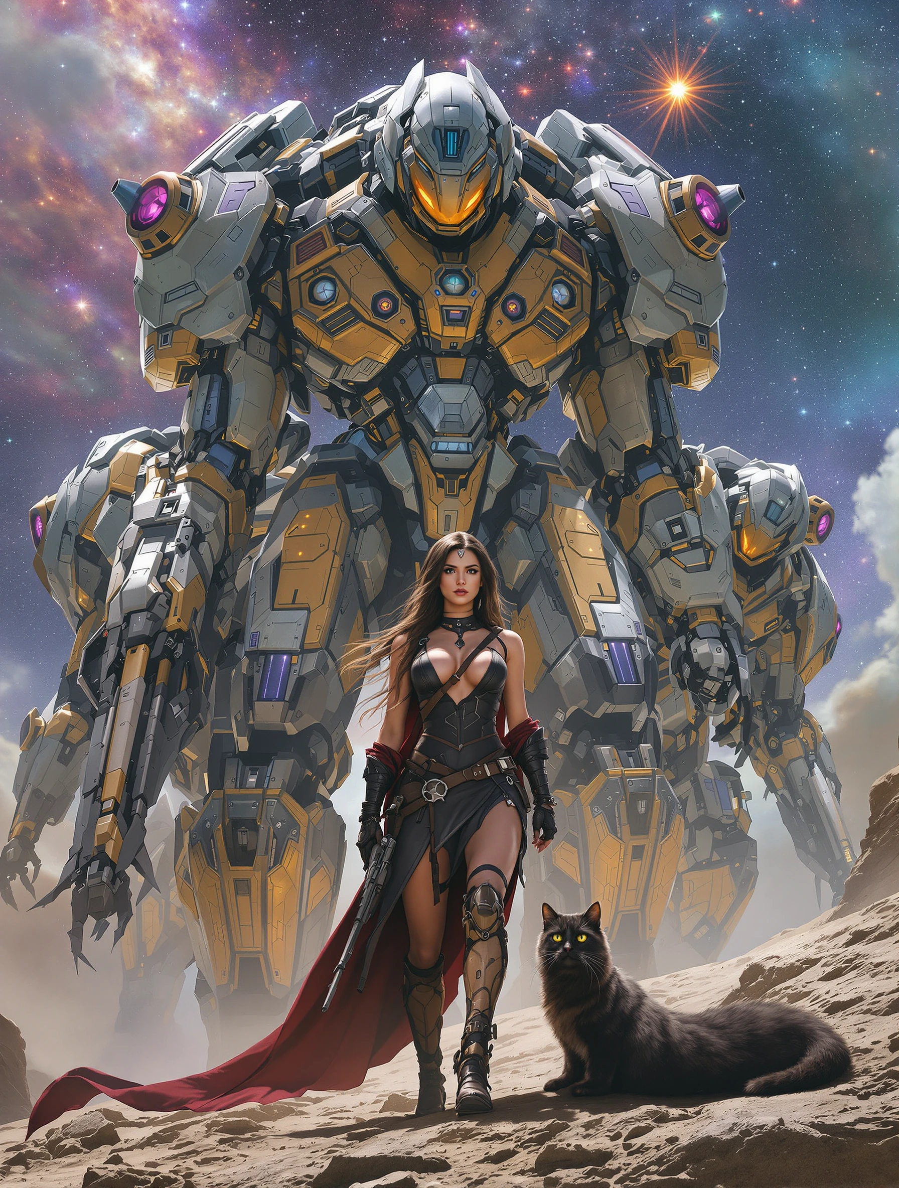 Huge battle tech bots behind a woman warrior and her cat. Otherworldly scenery, galaxy sky.