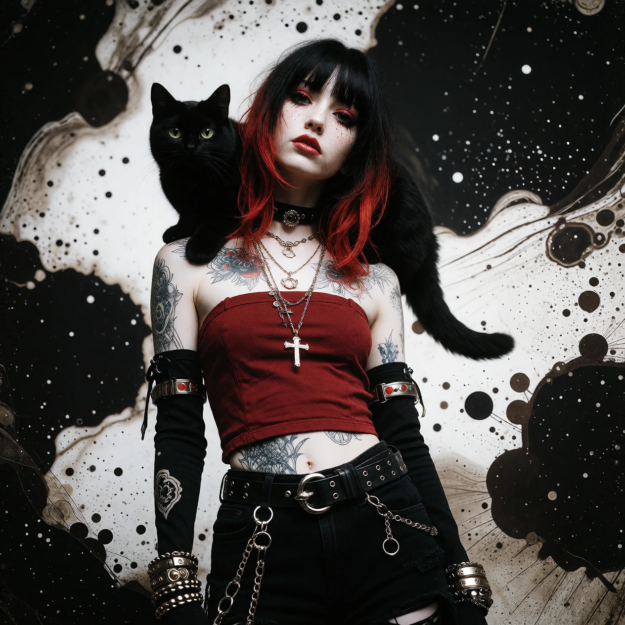 Beautiful woman black red ombre hair, cat on shoulder, red black jean cutoffs and red black tube top, India ink