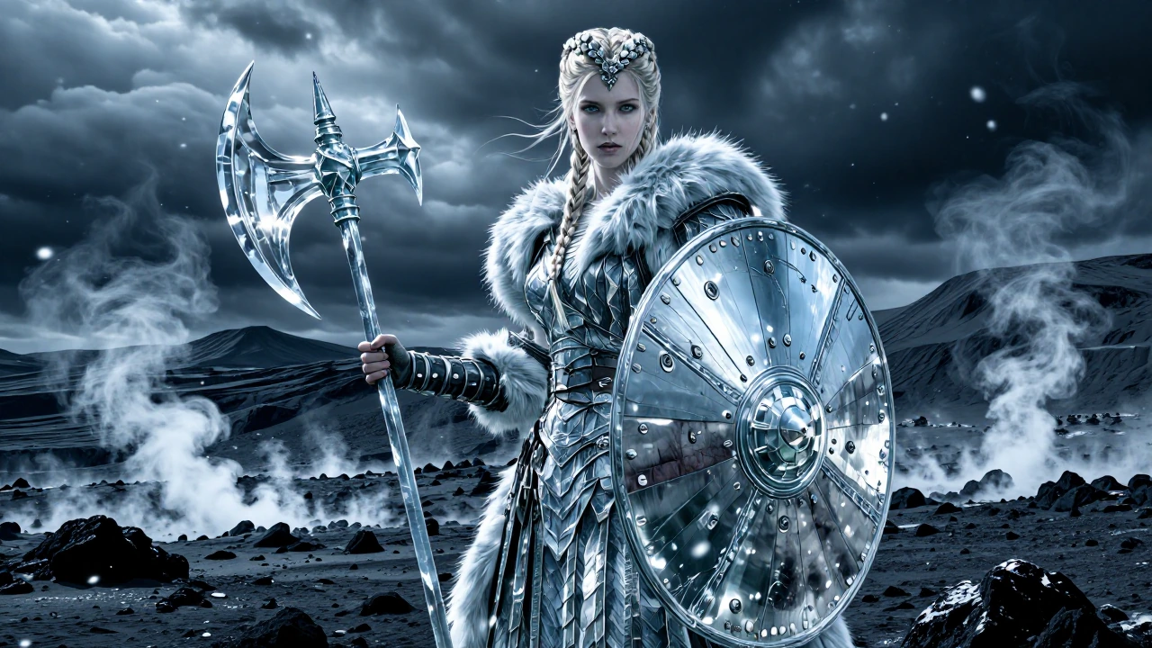 A photorealistic Viking shield-maiden with golden braided hair and piercing azure eyes stands defiantly atop dormant volcanic sands, her weathered round shield reflecting falling snowflakes. Steam rises from geothermal vents in the ash-black terrain