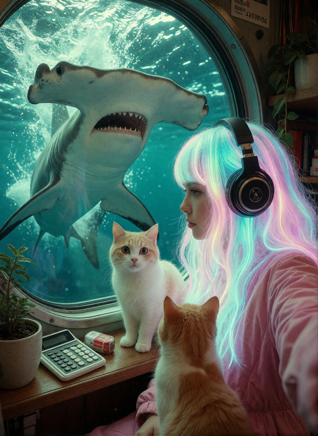 Crazy girlfriend, luminous pastel hair, taking a selfie with her cat and being photo bombed by a hammerhead shark, jumping out of the ocean and peeking in her window