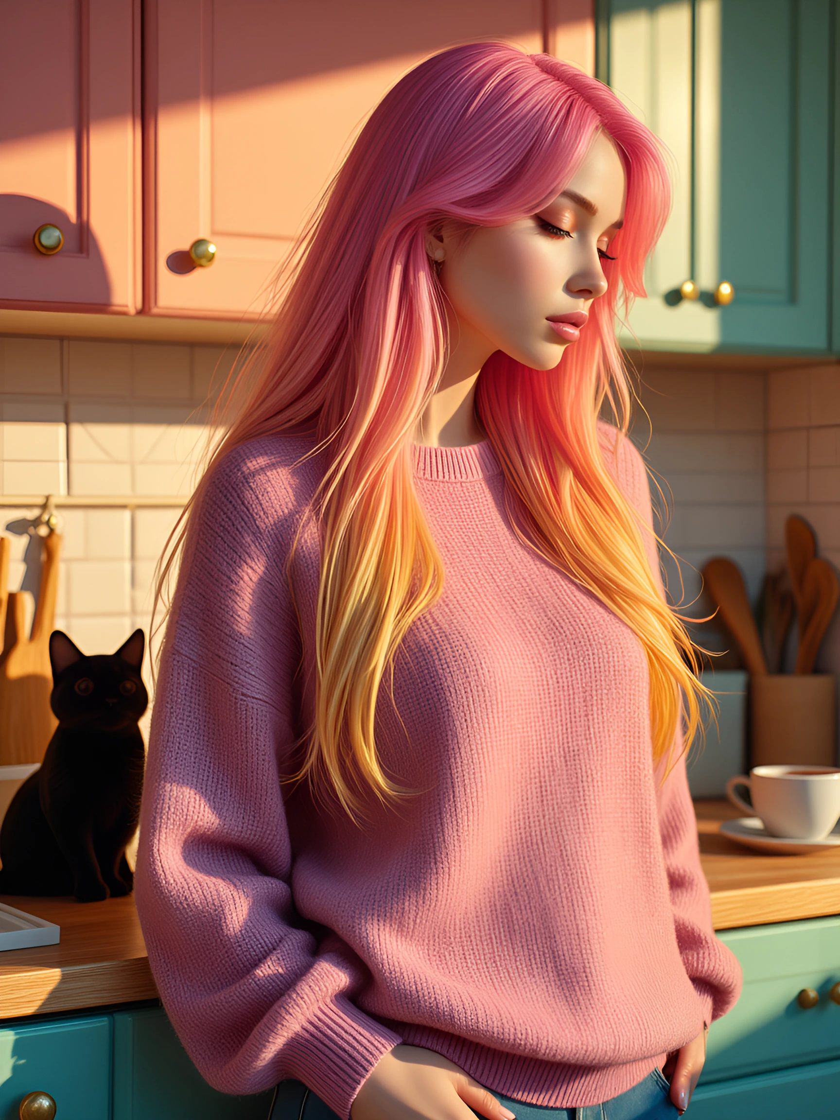 a woman with long dusty rose hair fading to golden yellow ombre tips, standing in a kitchen with dusty rose, pink, and soft aqua exterior details. she's wearing an oversized dusty rose and pink sweater. A black cat and cup of coffee are nearby. cinem