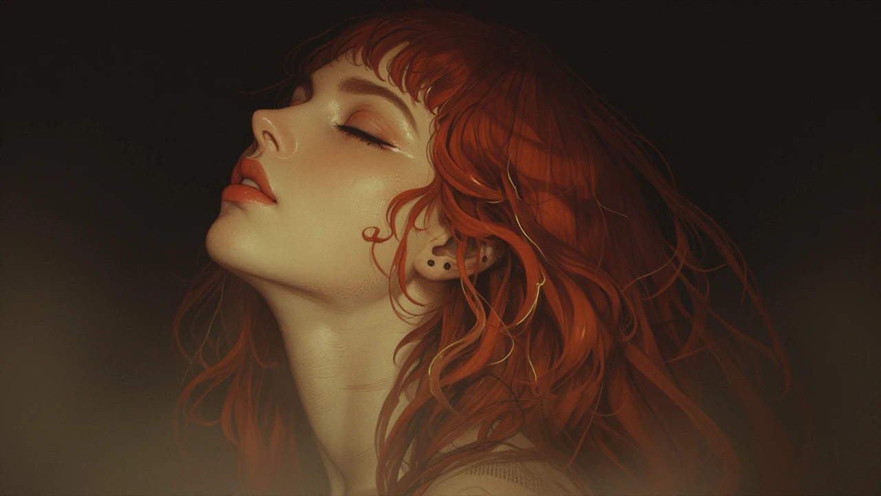 Close-up vertical portrait of Boudica, head tilted back with eyes closed, luminous skin with rust-orange glossy lips. Fiery red hair rendered as flowi