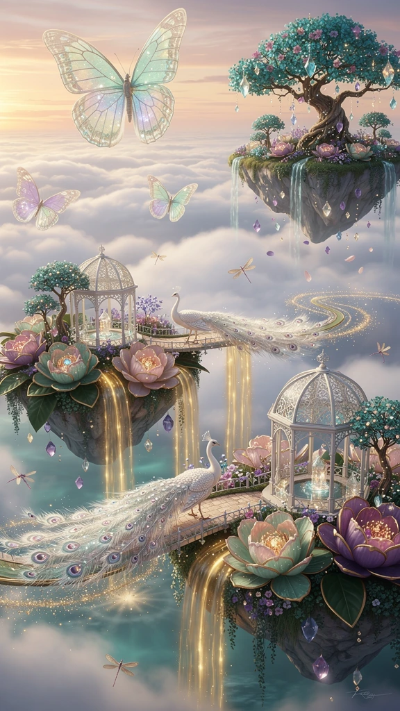 A breathtaking floating sanctuary where enormous translucent butterflies carry tiny crystal gardens across the morning sky. Delicate glass pavilions r