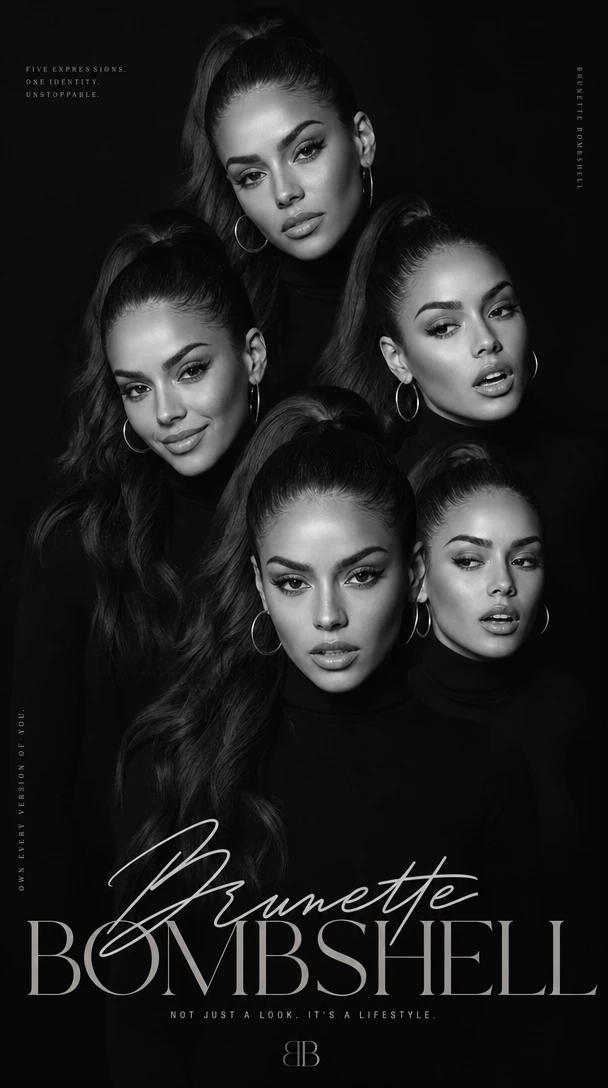 A premium editorial fashion poster featuring the Brunette Bombshell with high ponytail. Five identical portrait layers float forward at different depths, creating a stunning 3D dimensional effect. Each layer captures a different facial expression whi
