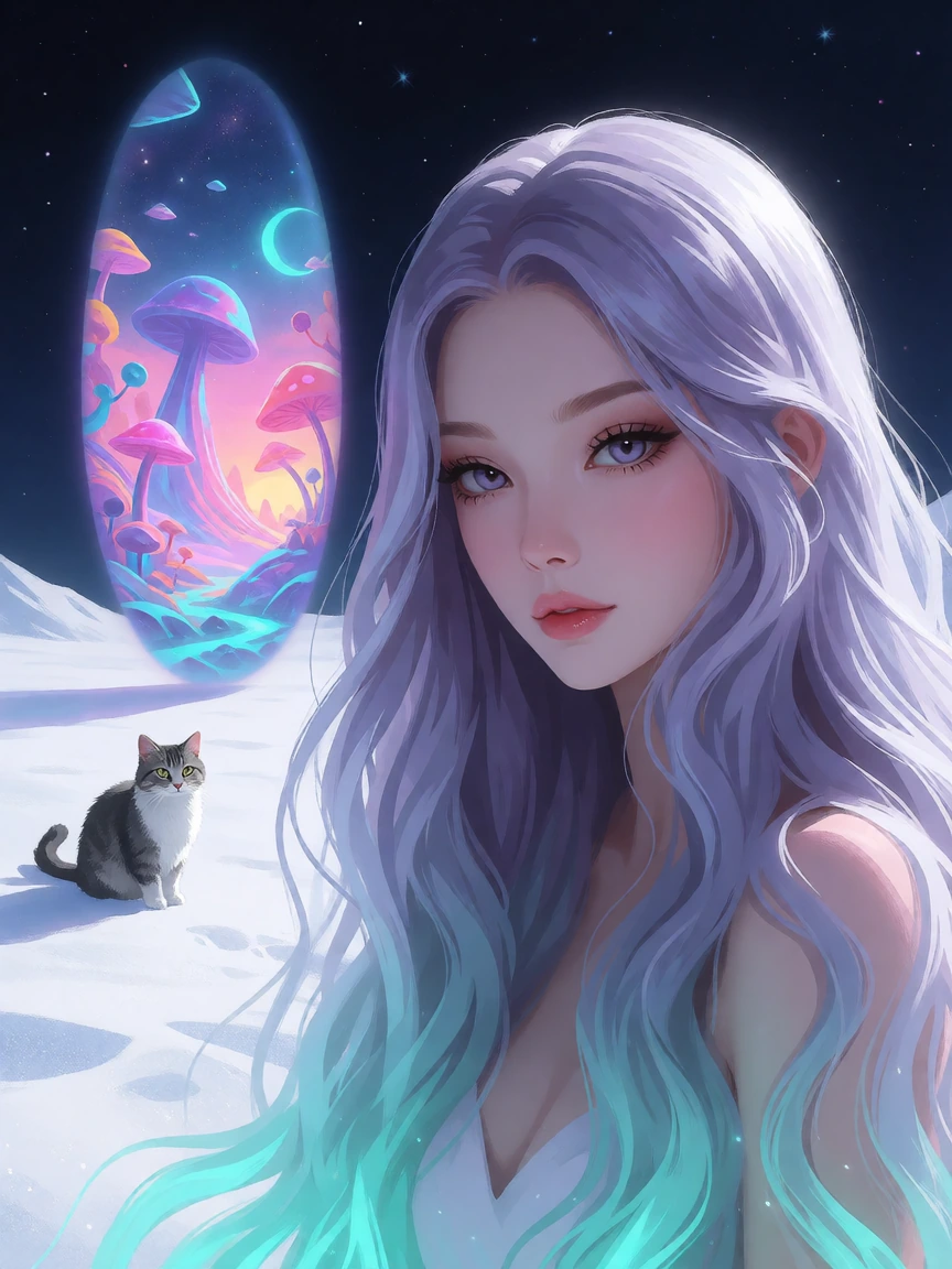 Night of the unknown, closeup woman long flowing lavender silver ombre hair, with her cat, in a white world with a touch of aqua, large tall mysteriou