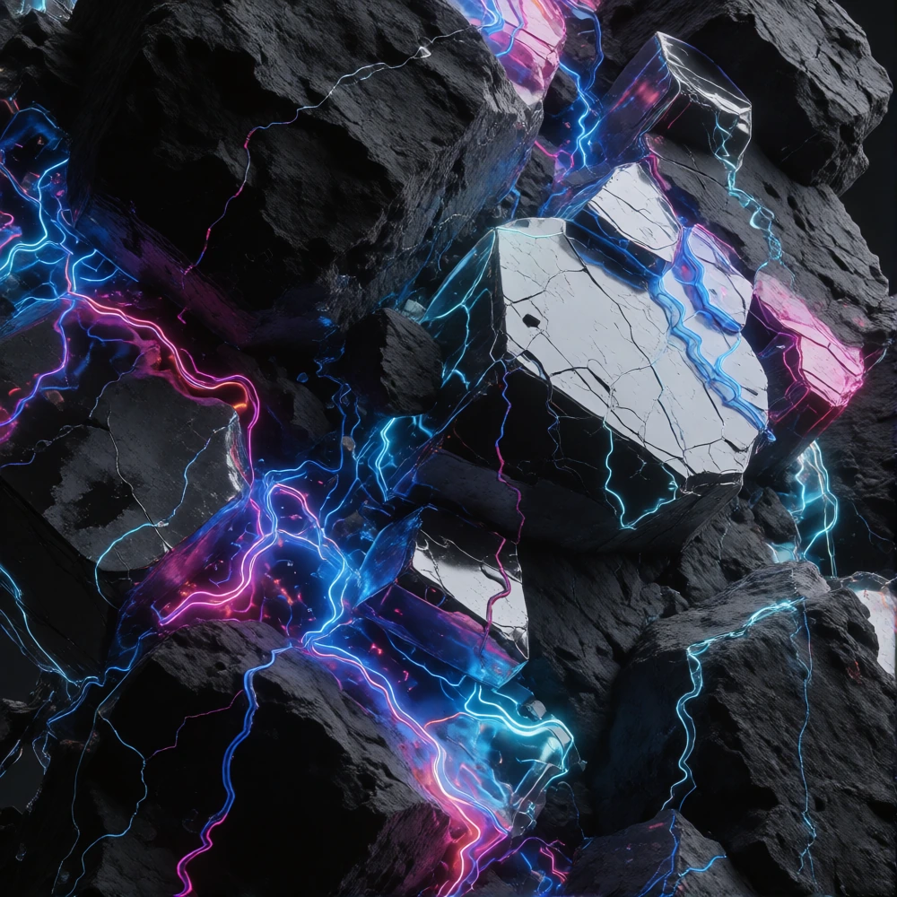 complete sensory overload, jagged rock architecture shattered into fragments of conflicting textures: patches of deep crushed velvet, slick smooth glass, dripping molten metal, and screaming digital static all colliding violently, neon veins pulsing 