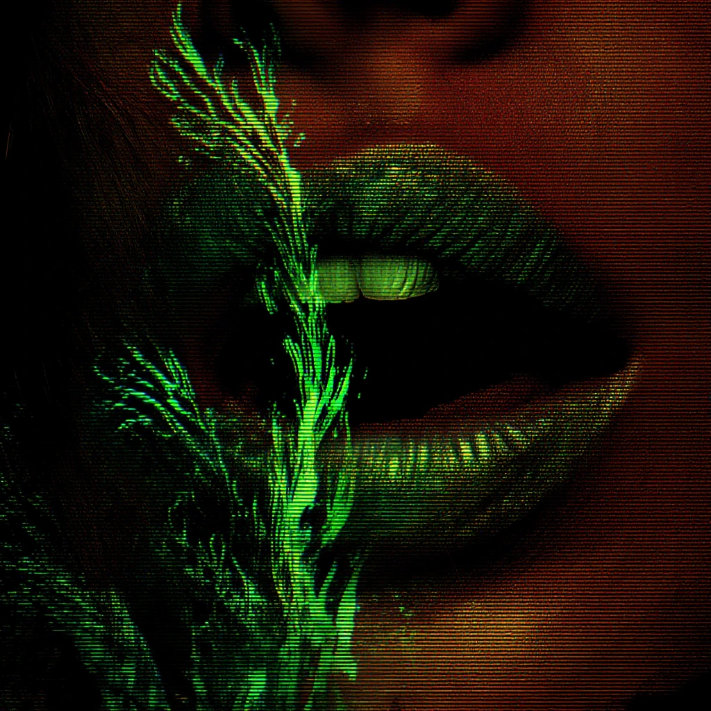 Close-up of her mouth, camp green tones lipstick, lip curl