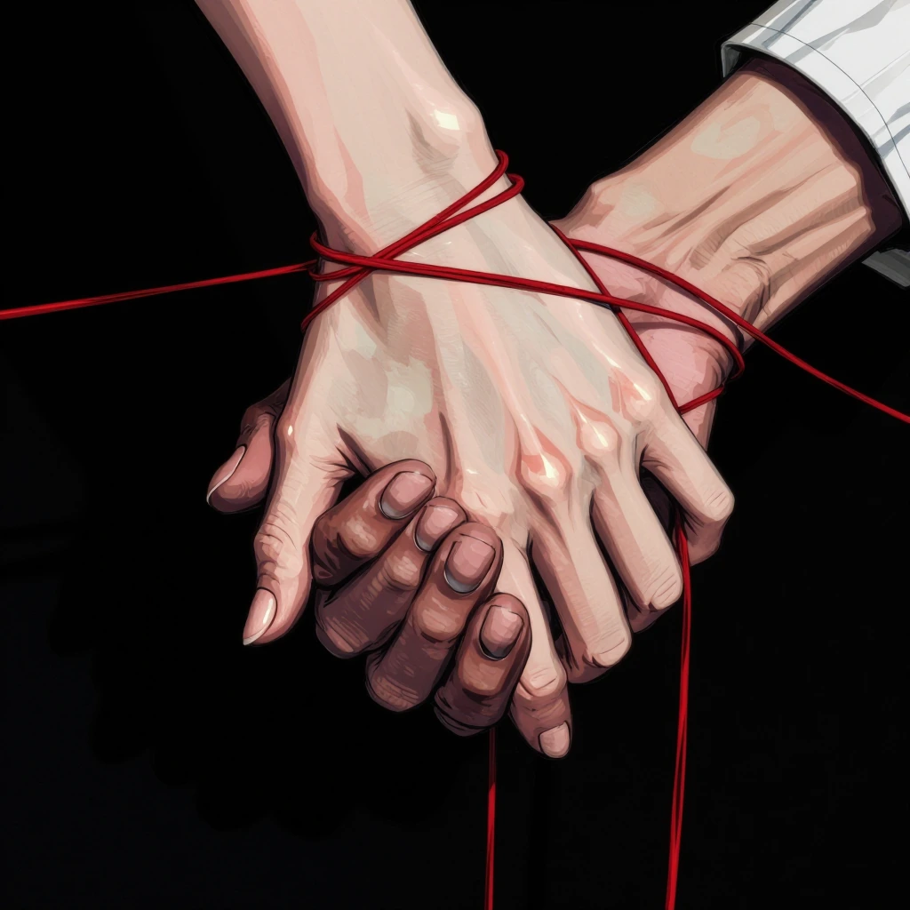 masterpiece, best quality, amazing quality, anime coloring, hand focus, male hand, female_hand, red string, string of fate, red string of fate, holdin