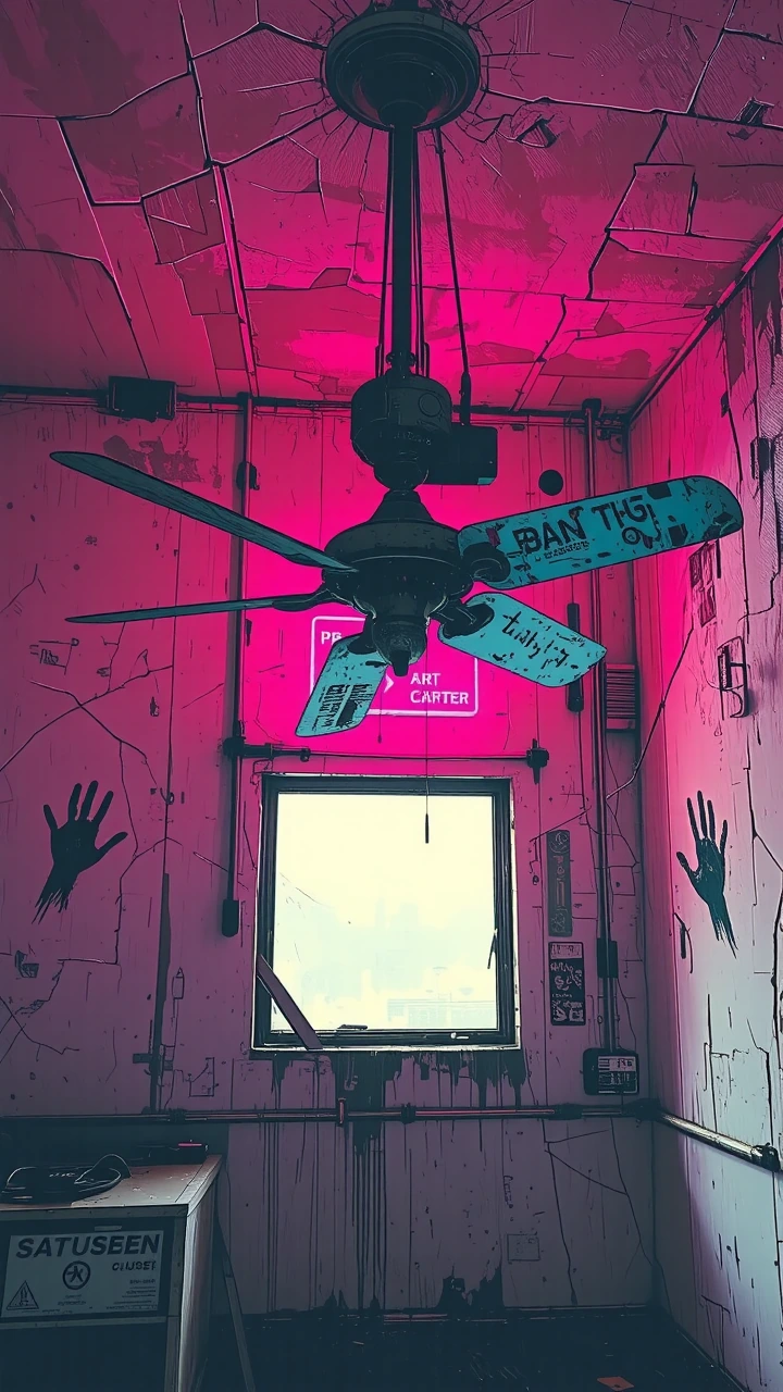 A corroded ceiling fan suspended in an abandoned brutalist apartment, its blades welded half-open and frozen mid-rotation. Rust bleeds down the wall behind it in arterial streaks. Through cracked plaster, neon pink light from a collapsed sign flicker