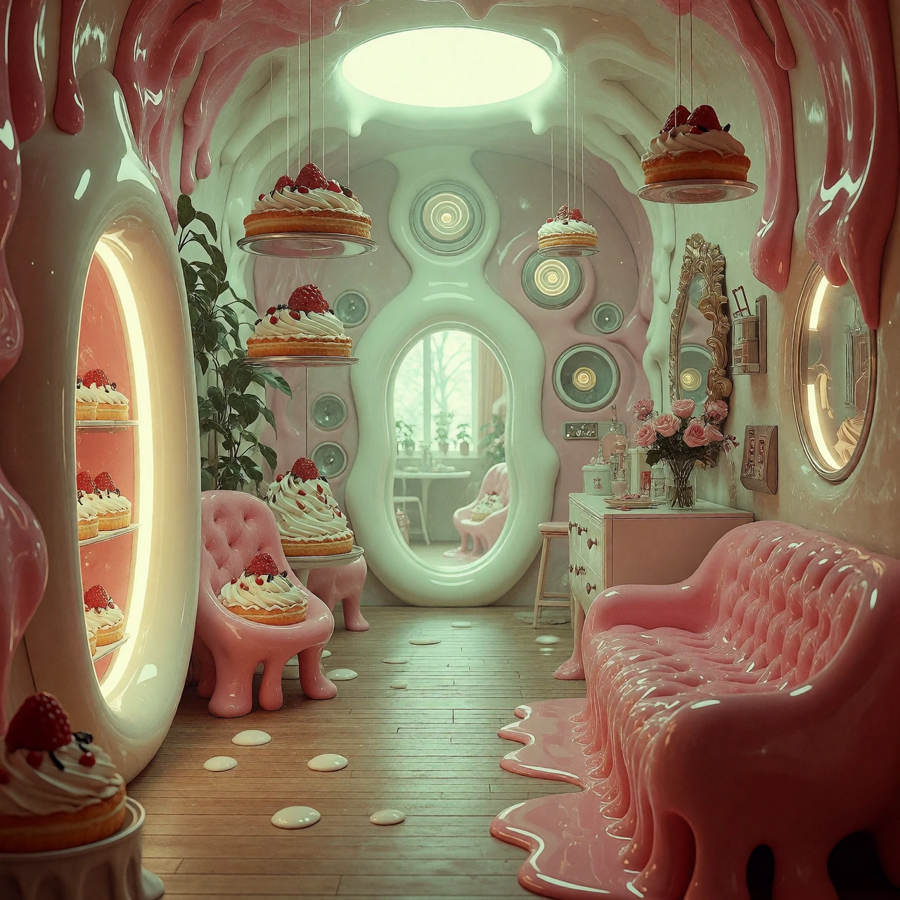 Surreal interior of a candycolored apartment with melting furniture, blobshaped doorways, and floating pastries suspended in midair, illuminated by soft bioluminescent glow with a dreamy hazy atmosphere.