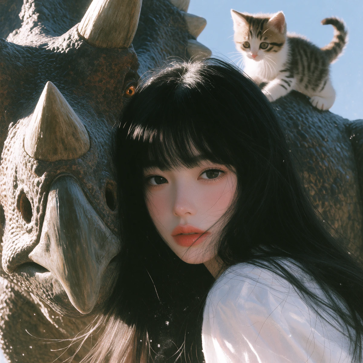 Beautiful manga style, woman, long black hair with bangs, with her triceratops dinosaur in the morning light. Kitten playing on the dinosaur's back, realistic, artsy style, airbrushed beauty.