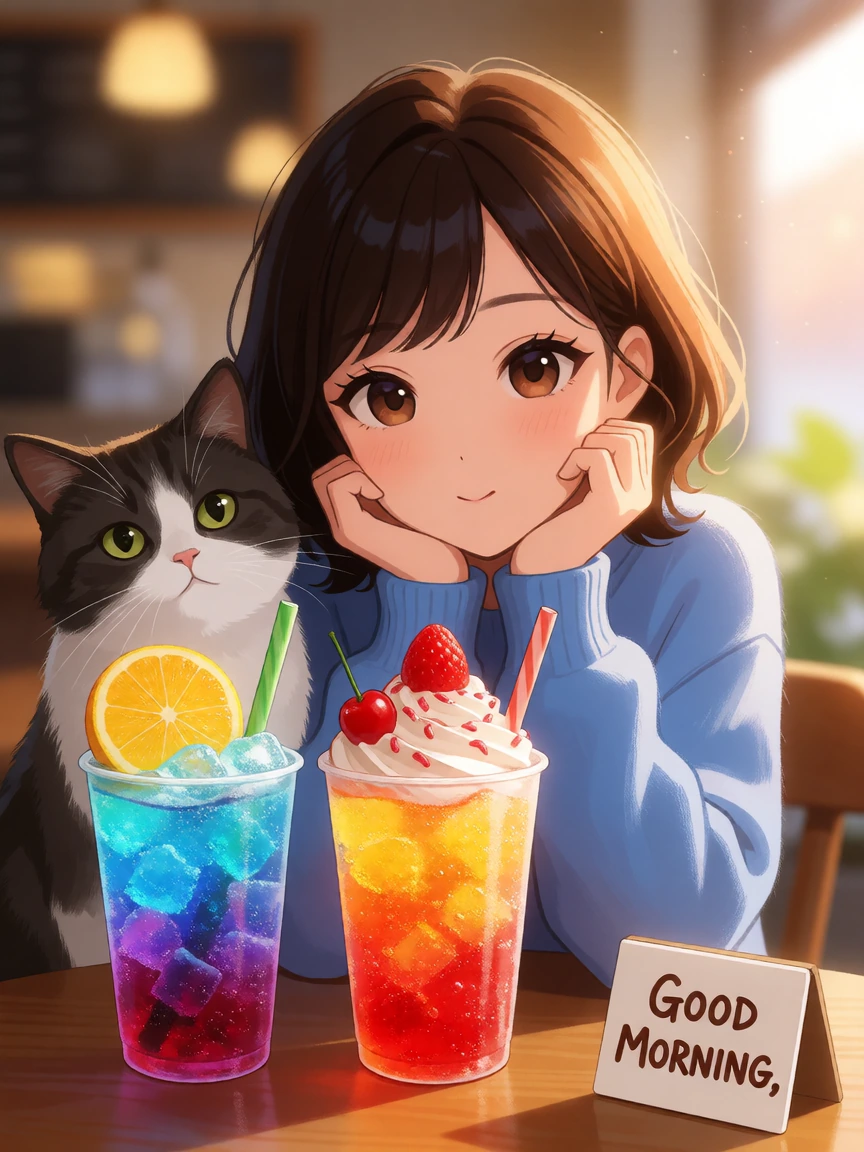 Colorful soda, pop woman with her cat at a café. Good morning, sign.
