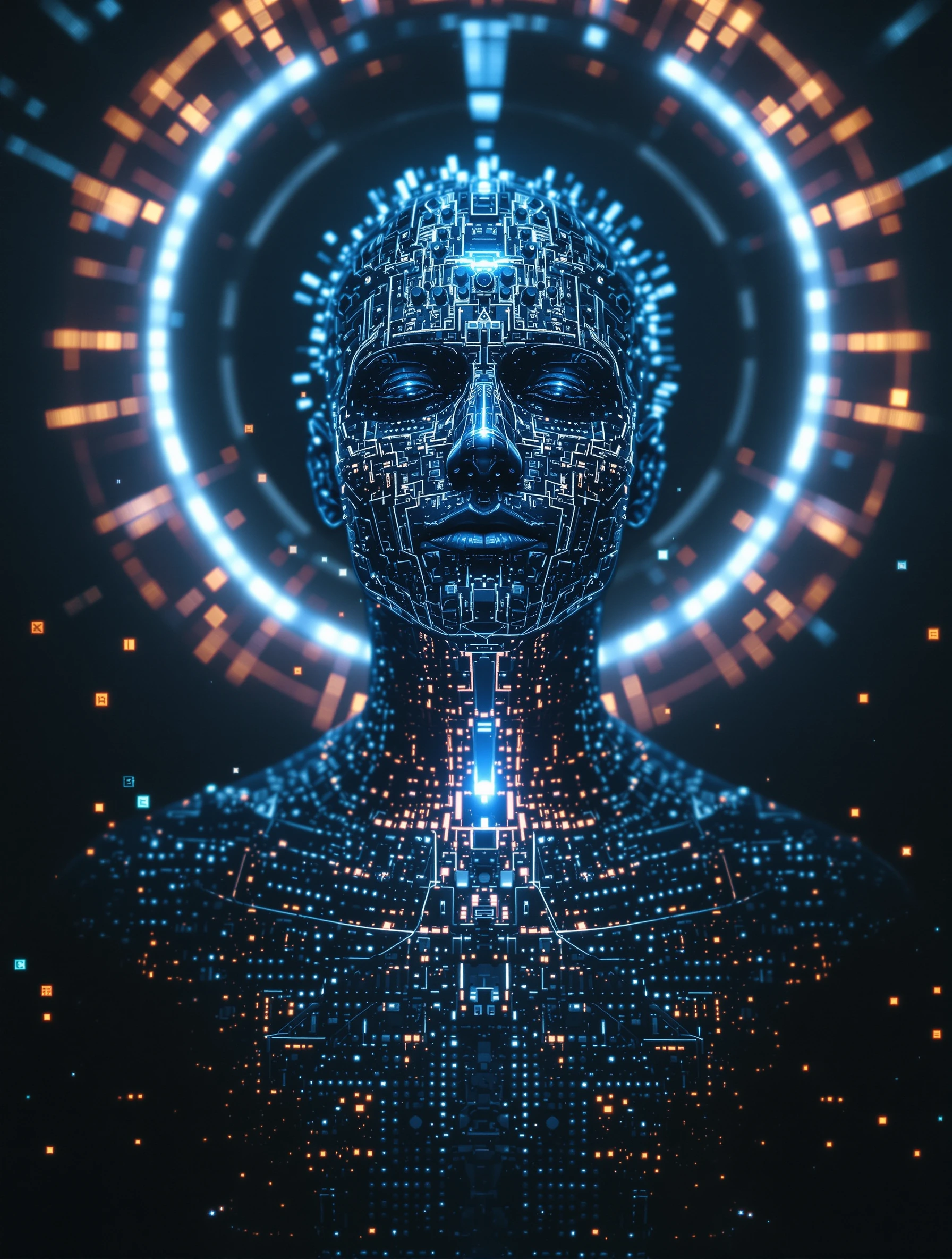 A head and shoulders portrait of a human being made of human anatomy in perfect symmetry made up of sequencers and eurorack modular synths with a port