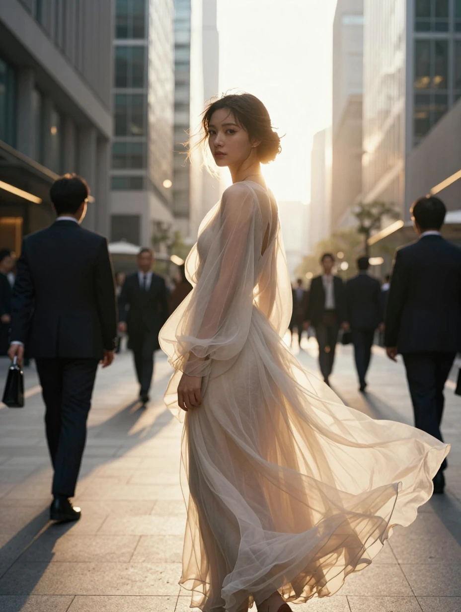 Ethereal woman in flowing, translucent linen dress, golden sunlight streaming through sheer fabric, luminous backlit silhouette, soft diffused glow hi