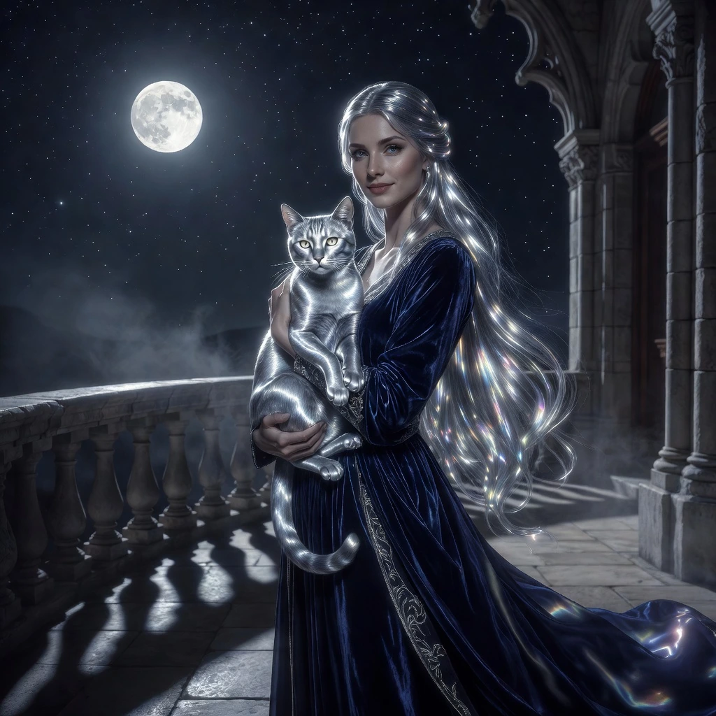 Woman silver hair with a silver cat, moonlight