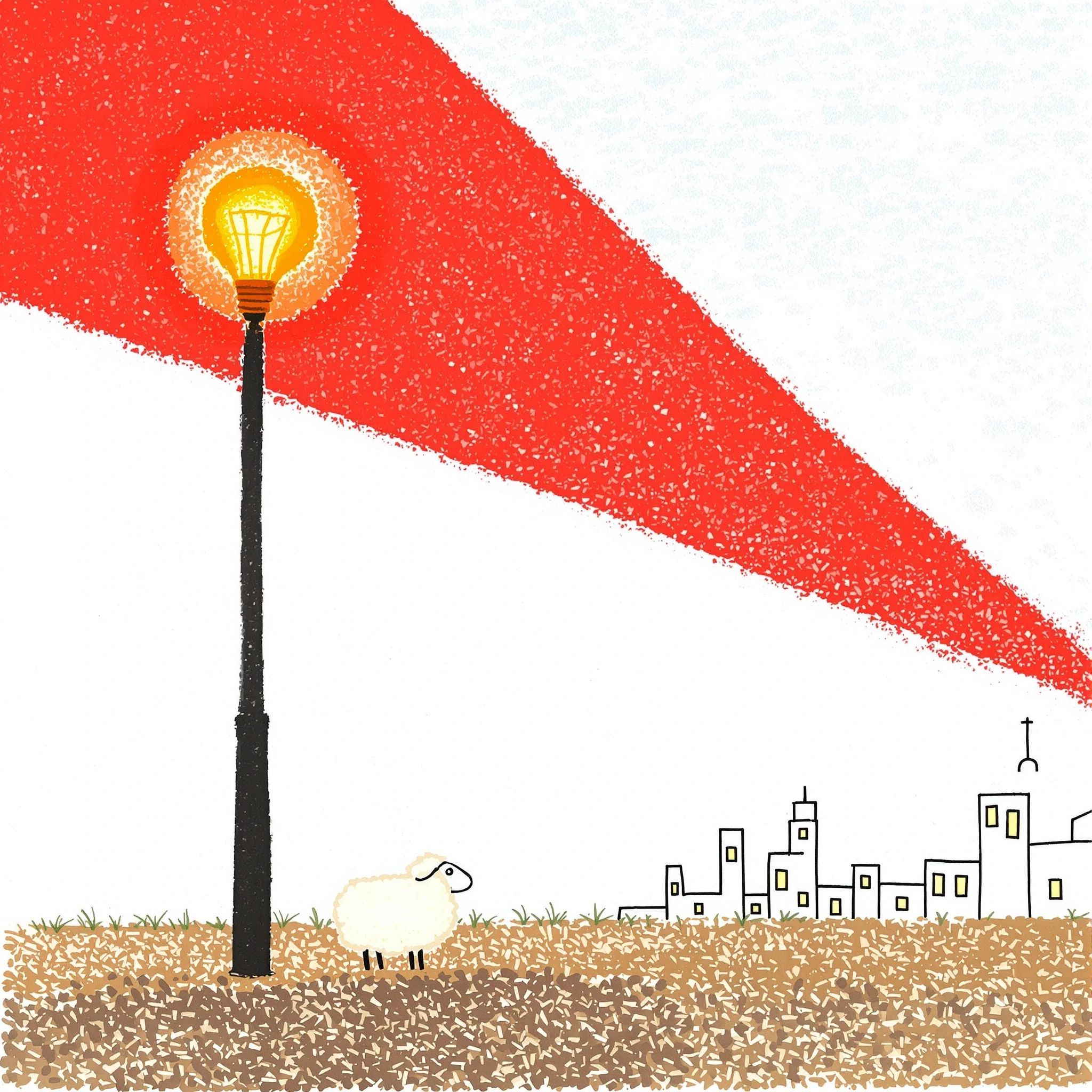 stankatayamaniji6q illustration. A the bottom left is a small, fluffy, cream-colored cartoon sheep with simple facial features. The sheep stands on a textured brown grassy edge, gazing toward a tall, slender black street lamp. The lamp's glowing oran