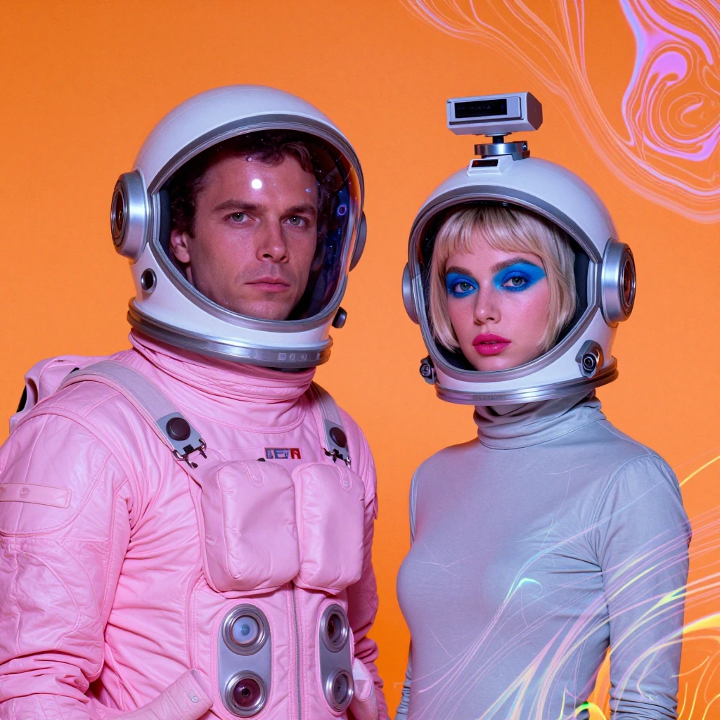 Full indoor shot of a man and a woman, styled as futuristic astronauts or space travelers The man wears a light, pinkish colored, form outfit, and a s