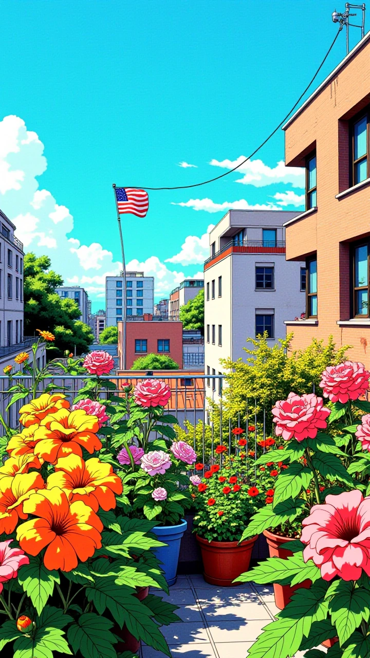 sun-drenched rooftop garden at high noon, anime illustration style, cel-shaded with explosive bright colors, hard defined shadows, oversized vibrant flowers that seem to hum with energy, clear blue sky, crisp flat coloring, joyful and intense atmosph