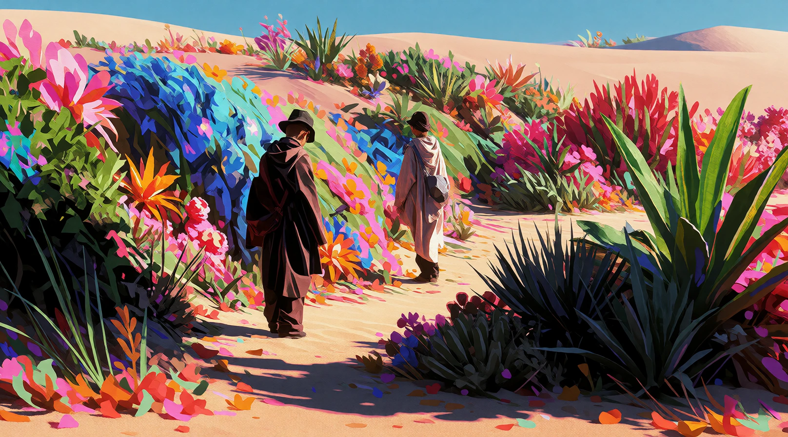 16:9 high-grade illustration, Mirrorize V4 pushed into raw avant-garde animation-cel territory mixed with rich detailed botanical illustration style, strong hand-drawn imperfect black ink lines, massive dense detail, feels like a high-end animation s