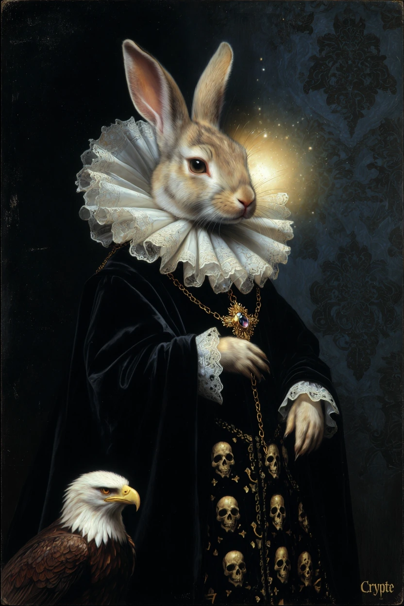 A detailed, high-resolution photograph of an oil painting executed in the style of Renaissance portraits, featuring a long-eared beige rabbit, meticul