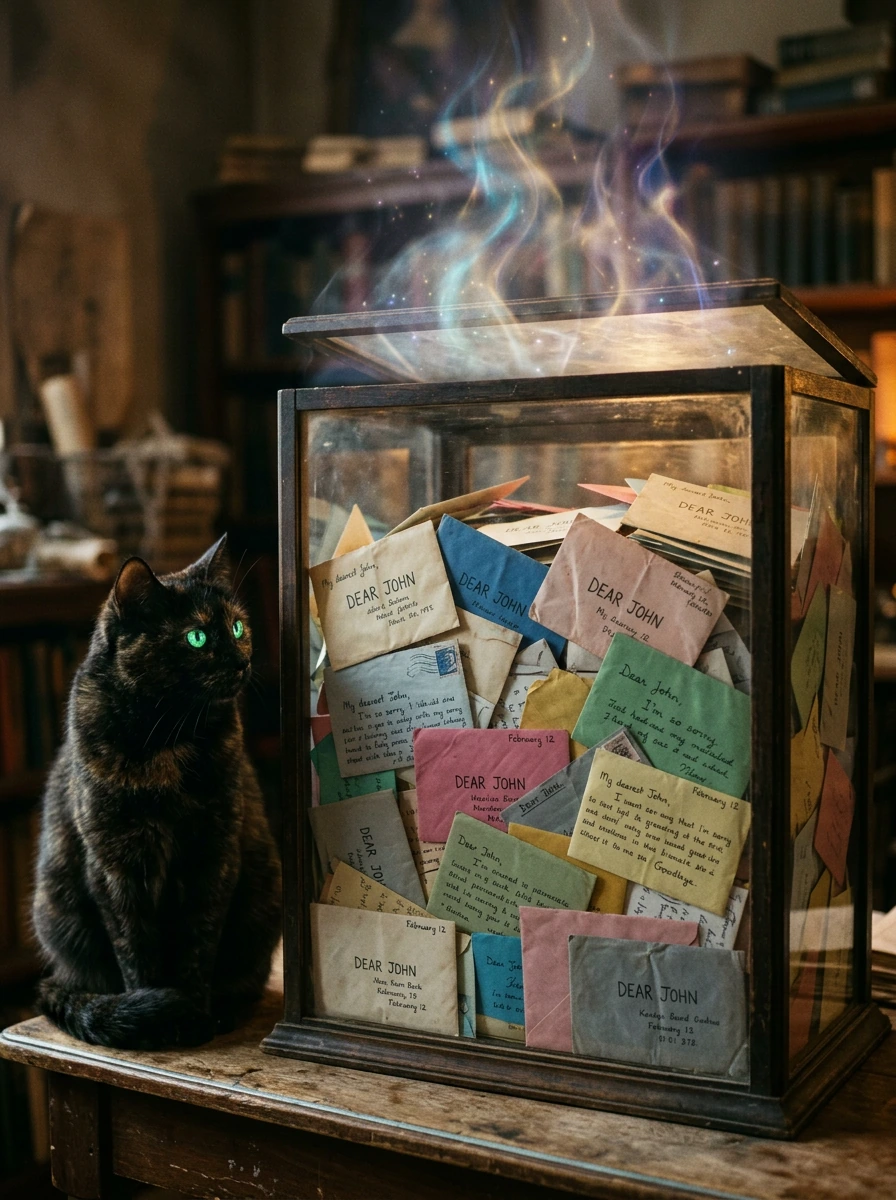 A glass case full of various colors of “Dear John“ envelopes that were never sent. A mysterious cat is looking at the case. Magical steam rises.