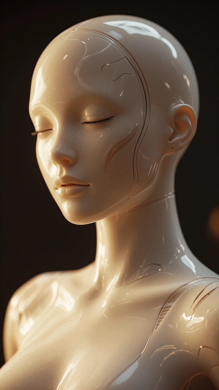 Close-up portrait of a futuristic humanoid android with a sleek, streamlined head and neck that seamlessly merge into the shoulders, smooth glossy reflective “skin” in warm cream/ivory tones with subtle metallic accents tracing the facial and neck co